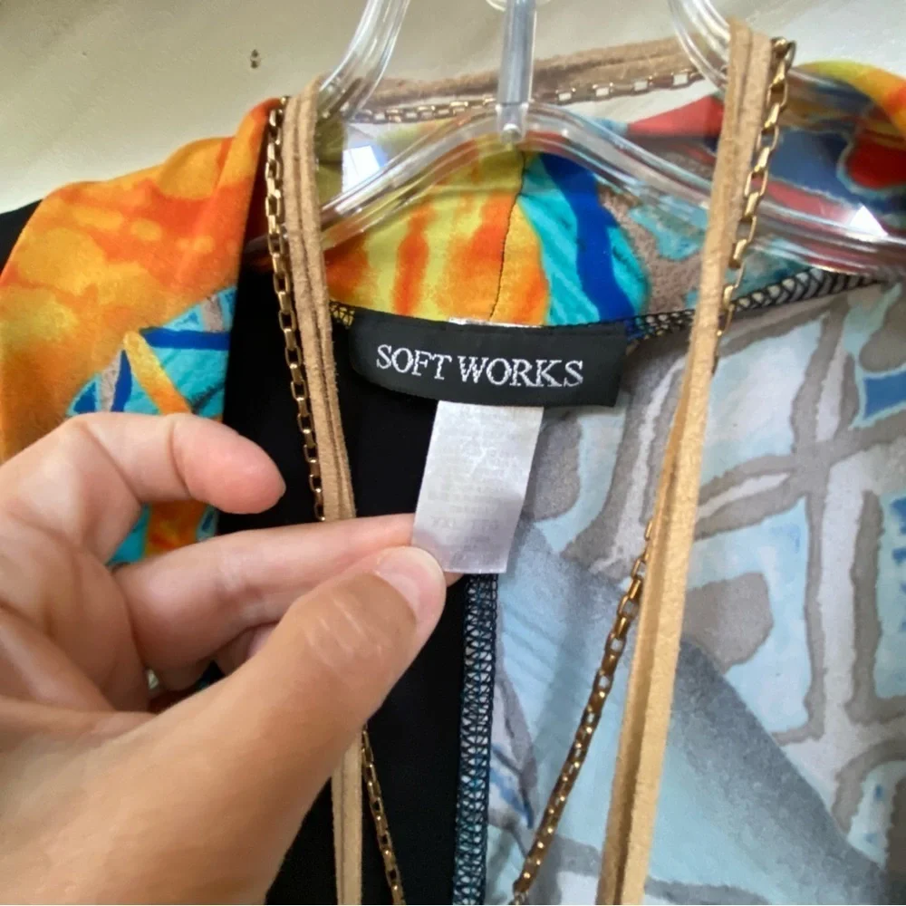 Funky patchwork vibe open front boho cardigan w resort vacay feel - Picture 3 of 10